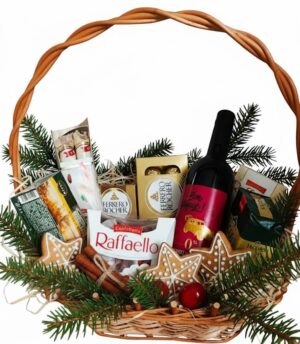 Kosz prezentowy ze słodyczami Ferrero, kawą, herbatą i winem bezalkoholowym.